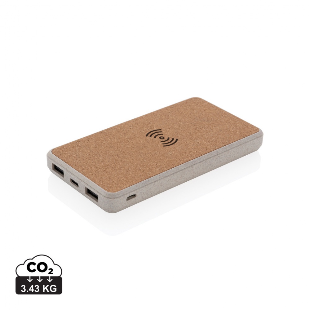 Logotrade reklamprodukter bild: Kork och vete 8.000 mAh powerbank med 5W trådlös laddning