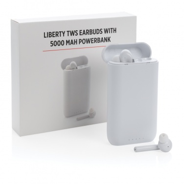 Logotrade reklamprodukter bild: Liberty TWS öronsnäckor med 5.000 mAh powerbank